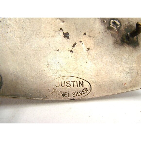 Justin Nickel Silver Gold Saddle Belt Buckle Western Ranch Roping Bullriding Vtg - Picture 5 of 9